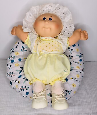 #ad 1984 Cabbage Patch Kids Preemie Baby Doll Bald Blue Eyes Yellow Rosebuds Suit OK $68.39