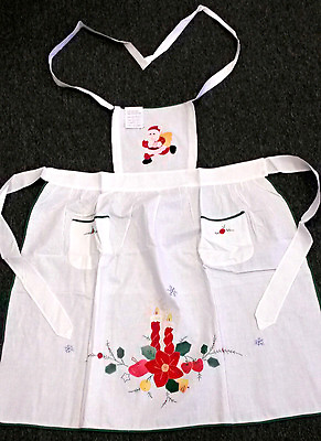 #ad 100% Cotton Embroidered Christmas Santa Red Candle poinsettia Apron One Size $7.00