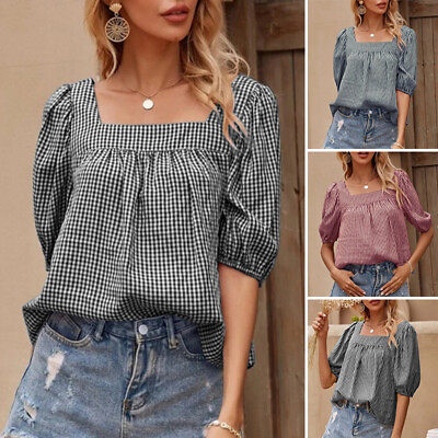 #ad S 5XL Women Summer Square Neck Half Sleeve Casual Tops Plaid Shirt Blouse Plus $17.09