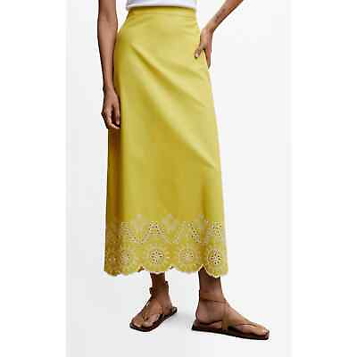 #ad Mango Broderie Anglaise Maxi Eyelet Cotton Skirt Chartreuse S $25.00