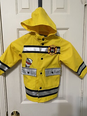 #ad Wippett kids rain Jacket KidsSz 2t Yellow Fire Fighter Logo Pockets $14.95