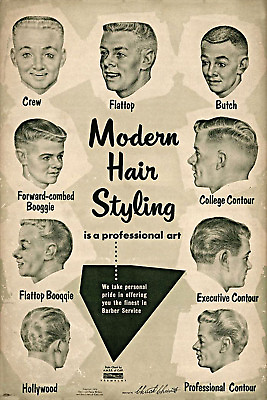 #ad 1956 Barbershop Barber Poster Vintage Ad Modern Hair Styling Chart Haircut Repro $21.95