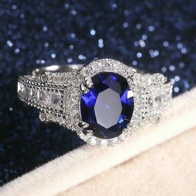 #ad 2Ct Oval Cut Sapphire Lab Created Diamond Engagement Ring 14K White Gold Plated. $87.88