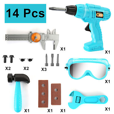 #ad 14Pcs Set Kids Power Drill Toy Kit Accessories with Hammer Goggles Caliper he $19.34