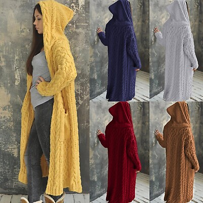 #ad Womens Casual Long Sleeve Open Cardigan Warm Hooded Outwear Coat Long Sweaters $47.42