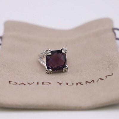 #ad David Yurman Sterling Silver 14mm Cushion Ring with Amethyst amp; Diamonds Size 7 $350.00