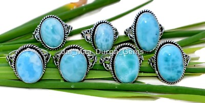 #ad Big Lot Pcs Natural Blue LARIMAR Oval Gemstone Silver Plated Jewelry Ring P250 $374.00