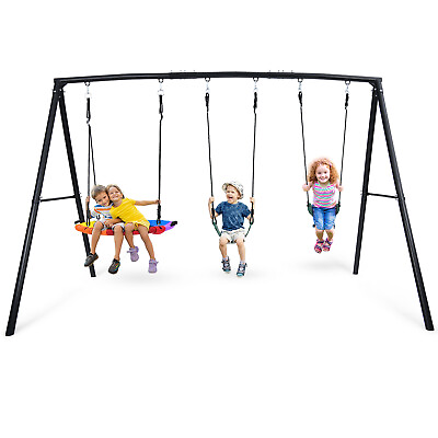 #ad 600lb Metal Saucer Swing Set Heavy Duty Swing Stand Kids Backyard with 3 Swings $53.55