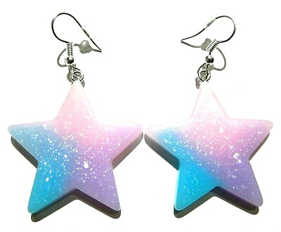 #ad PASTEL GLITTER STAR EARRINGS kitsch kawaii pop loli lolita pink blue purple T3 $9.99