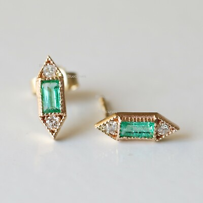 #ad New Emerald Gemstone Hexagon Stud Earrings Diamond Solid 14k Yellow Gold Jewelry $429.00