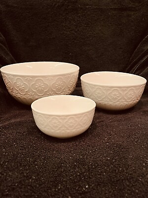 #ad Beautiful 3 Piece Ceramic Nesting Bowls Cream Colored With Embossing $20.00