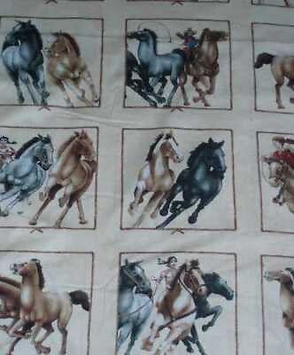#ad Cowboys indians kids blocks western children horses Maywood fabric panel $10.99