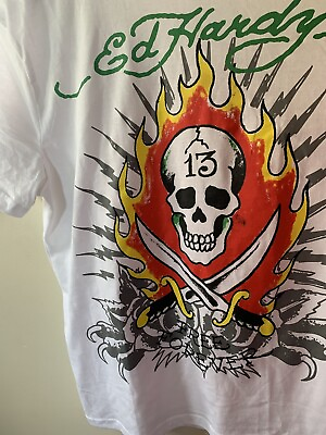 #ad Ed Hardy 13 Skull Graphic Print Soft T shirt Off white Y2K Vintage Brand Mens L $24.99