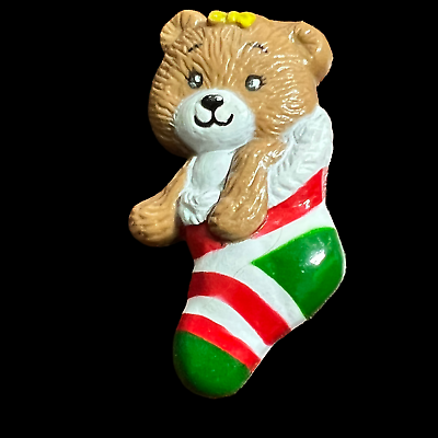 #ad Russ Teddy Bear Brooch Stocking Sock Vintage Christmas Pin Vintage 1980s $7.99