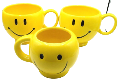 #ad Vintage Smiley HAPPY FACE Yellow Mug Set Coffee Cups Ceramic x 3 $25.00