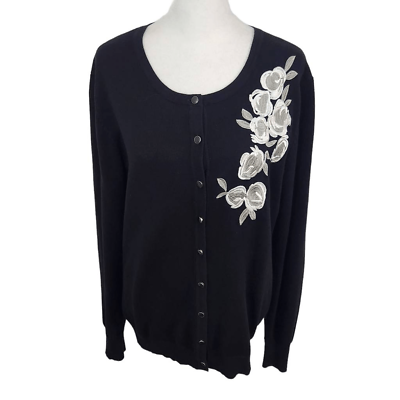 #ad Esperanza Black Cardigan with Embroidered Floral Detail Size Large $24.64