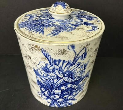 #ad BEAUTIFUL F.W. amp; CO GOLD GILDED PORCELAIN BLUE amp; WHITE FLORAL ROUND JAR W LID $24.95