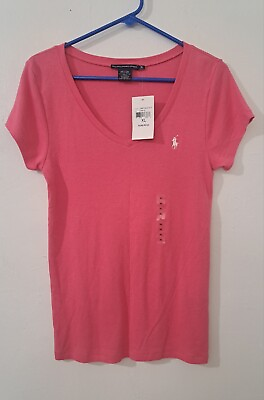 #ad Ralph Lauren Womens XL PIMA COTTON rose Pink Short Sleeve Shirt Top Plunge Neck $38.00