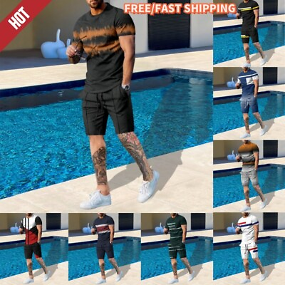 #ad Mens Summer Sports Outfit 2 Piece Set Casual Short Sleeve T Shirts Shorts Suit $8.54