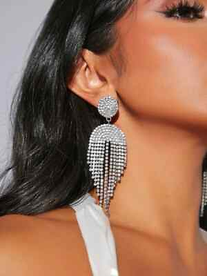 #ad Long Crystal Silver Fringe Earrings Tassel Drop Dangle Rhinestone Chandelier $14.95