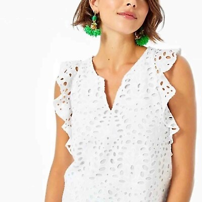 #ad NWT Lilly Pulitzer Faun Top Petal Eyelet XS Embroidered Flutter Cotton White $44.99
