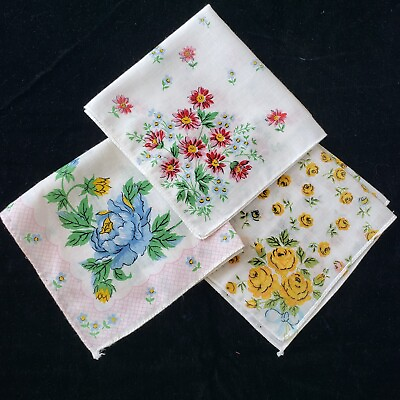 #ad 3 Ladies Floral Handkerchiefs U.S.A. Made 50% Cotton 50% Polyester 11quot; Square $8.99