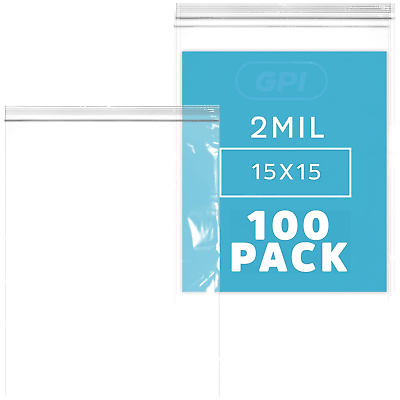 #ad GPI 15 x 15 Pack of 100 Clear Plastic Reclosable Zip Bags Large Bulk 2 mil $34.92