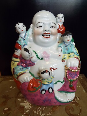#ad SIGNED VINTAGE LARGE CHINESE FAMILLE ROSE HAPPY BUDDHA STATUE W KIDS GOOD LUCK $225.00