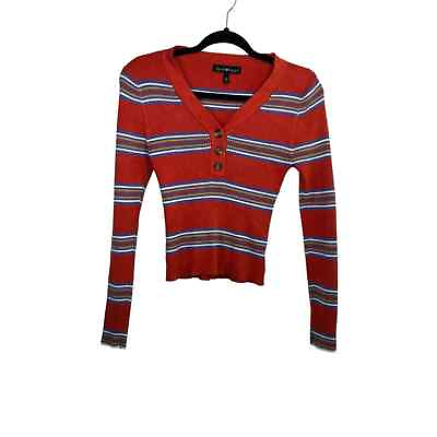 #ad Derek Heart Button V Neck Long Sleeve Orange Stripe Sweater Size Large $12.00