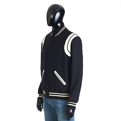 #ad SAINT LAURENT PARIS 2690$ Teddy Jacket In Black Wool amp; White Leather $1752.00