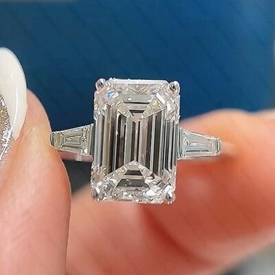 #ad 2.96Ctw Emerald Cut Moissanite Three Stone Engagement Ring 14K White Gold Plated $152.52