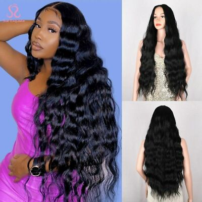 #ad Synthetic Wigs Super Long Curly Hair Water Wave Wigs Heat Resistant Middle Part $36.99