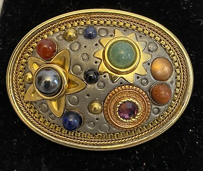 #ad Vintage Signed Michal Golan Oval Brooch Pin Pendant Multicolor Cabochon Jeweled $28.95