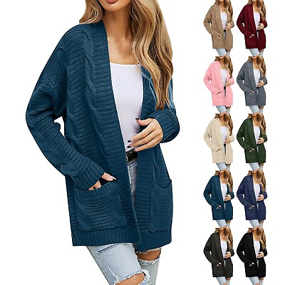 #ad Women#x27;s Long Sleeve Cable Knit Cardigan Sweaters Open Front Fall Outwear Coat $40.49