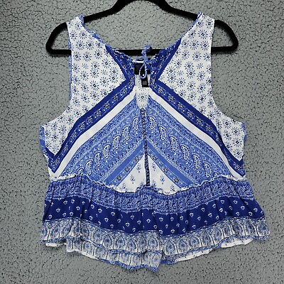 #ad Aqua Paisley Print Tank Top Pullover Blouse Womens M Blue Flowy Rayon $4.75