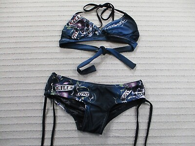 #ad Y2K Ed Hardy Womens Bikini XS Blue Spaghetti Strap Boy Short Black Stretch $89.99