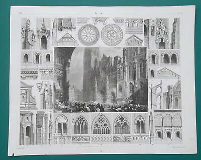 #ad ROUEN CATHEDRAL amp; ELements of Gothic Architecture 1844 SUPERB Antique Print $16.00