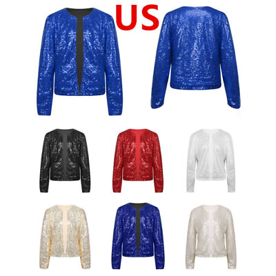 #ad US Womens Sequin Jacket Long Sleeve Open Front Coat Glitter Cropped Blazer Party $17.19