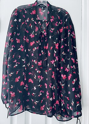#ad Ellen Tracy Plus Size 2X Sheer Floral Keyhole Tie Front Blouse Shirt Top $18.00