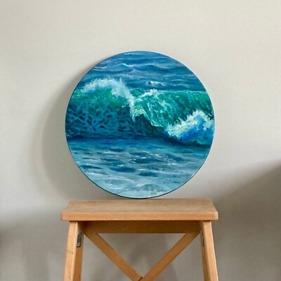 #ad Ocean Wave Painting Beach Landscape Round Canvas ORIGINAL SIGNED Oil 16#x27;#x27; $300.00