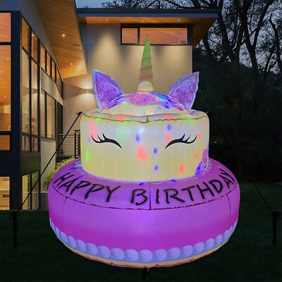 #ad 5ft Tall Jumbo Inflatable Unicorn Happy Birthday Cake Party LED Yard OutdoorDeco $68.56