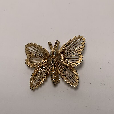 #ad Vintage Signed Monet Gold Toned Open Wired Design Butterfly Brooch $13.75