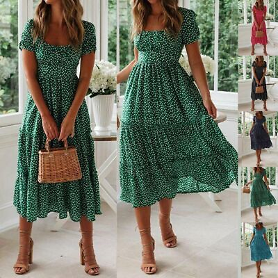 #ad Women#x27;s Boho Short Sleeve Floral Midi Dress Ladies Summer Holiday Party Sundress $18.57