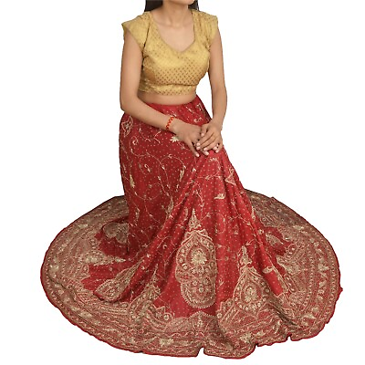 #ad Sanskriti Vintage Dark Red Long Skirt Pure Silk Hand Beaded Unstitched Lehenga $126.20