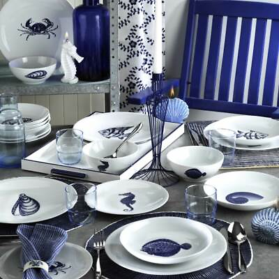 #ad Marine Nautical 24 Pieces Porcelain Dinnerware Set Made in Turkey Service for 6 $299.91