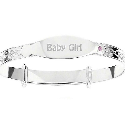 #ad ID Bracelet Baby Girl Bangle Pink CZ 925 Silver Baptism Baby Shower Newborn gift $21.85