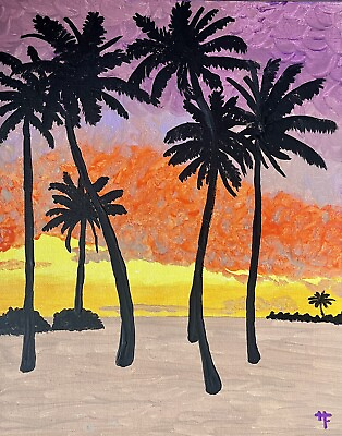 #ad Original Tropical Beach Painting Palm Trees Ocean Sunset Hawaii $50.00