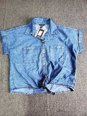 #ad Sim amp; Sam Womens Blue Button Denim Shirt Tie Front Cropped Sz Large Pockets NWT $23.39