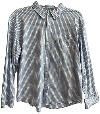 #ad Polo Lauren Ralph Lauren Women’s Button Down Shirt Striped Blue Size L Cotton $24.99