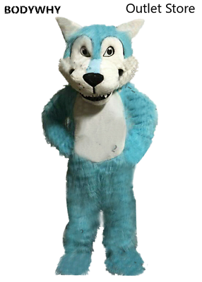 #ad Blue Red Long Fur Husky Wolf Dog Mascot Costume Cosplay Outfit Party Fursuit $422.60